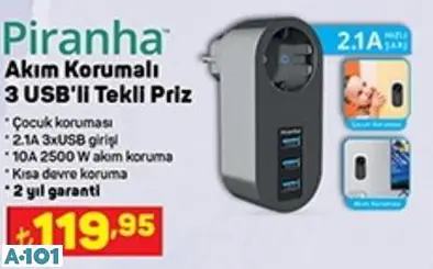 PİRANHA AKIM KORUMALI 3 USB'Lİ TEKLİ PRİZ